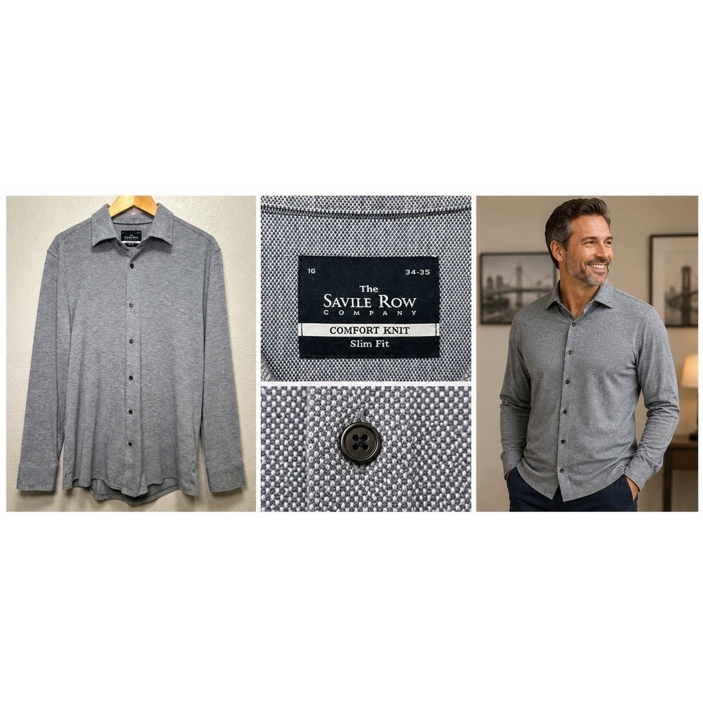 "Savile Row Co. Gray Knit Polo Shirt - Men's Slim Fit 16/34-35" Button Down